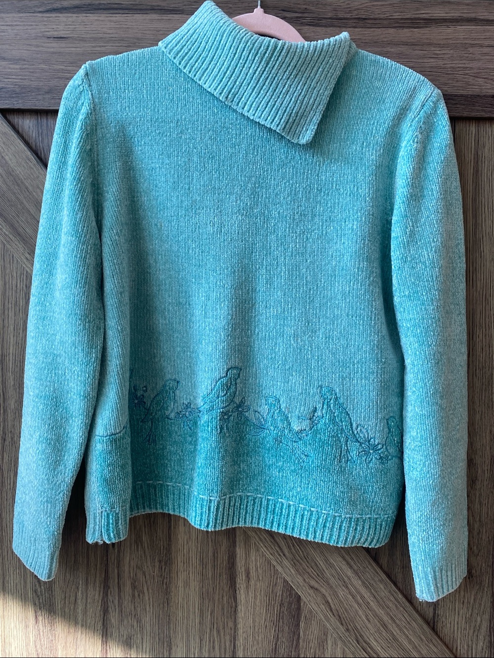 Alfred Dunner Petite Medium Chenille Blue Sweater Embroidered Beaded Birds PM